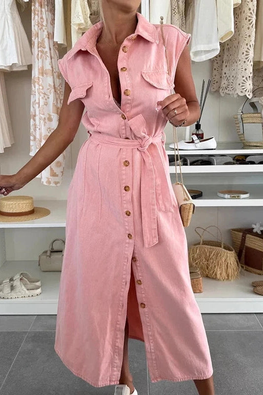 Camille – Sleeveless Button-Down Utility Denim Dress