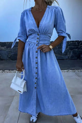 Elise – Button-Front V-Neck Maxi Shirt Dress