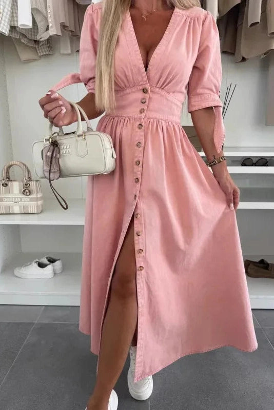 Elise – Button-Front V-Neck Maxi Shirt Dress