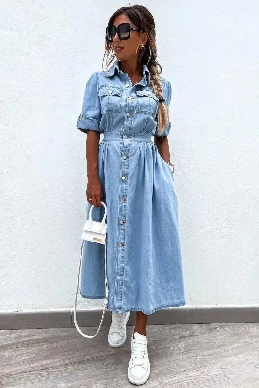 Luna – Light Wash Midi Denim Shirt Dress