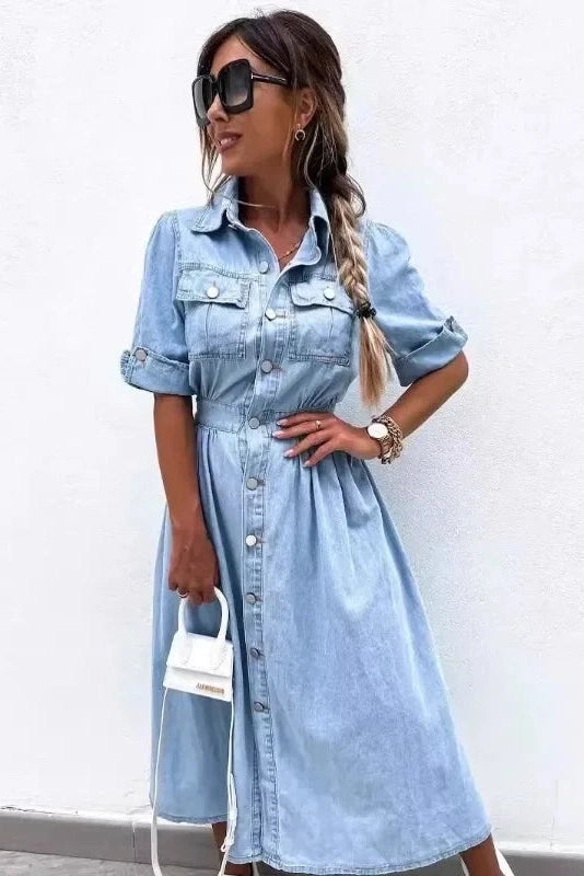 Luna – Light Wash Midi Denim Shirt Dress