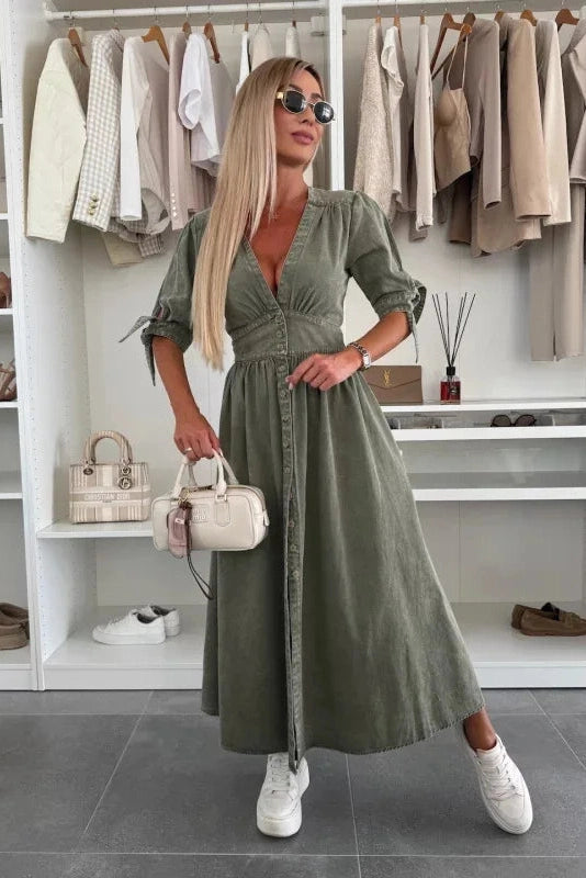 Elise – Button-Front V-Neck Maxi Shirt Dress