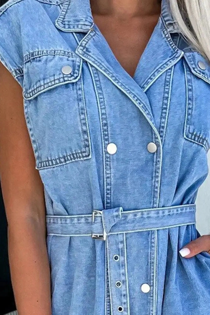 Sienna – Sleeveless Belted Denim Shirt Dress