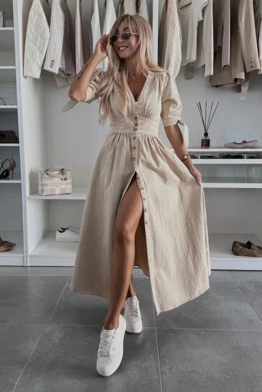 Elise – Button-Front V-Neck Maxi Shirt Dress