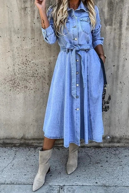 Grace – Belted Skater Denim Shirt Dress