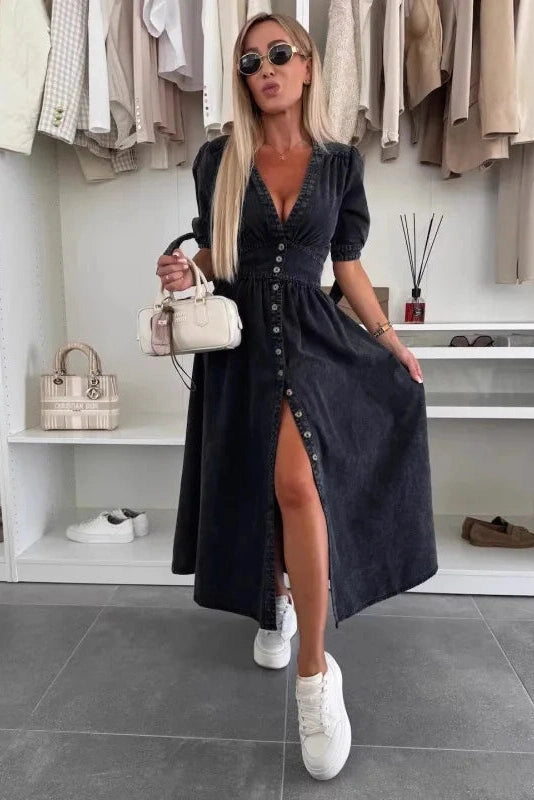 Elise – Button-Front V-Neck Maxi Shirt Dress
