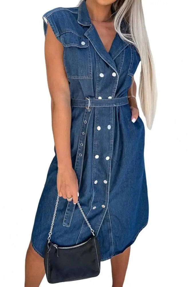 Sienna – Sleeveless Belted Denim Shirt Dress