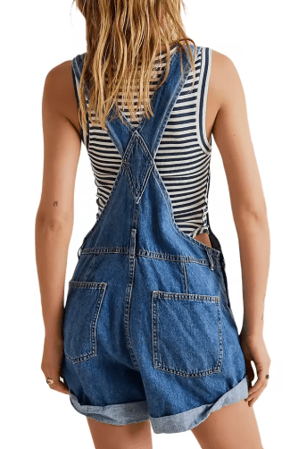 Dark Blue - Vintage Adjustable Denim Overall Shorts