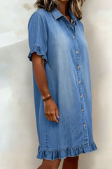 Elowyn - Ruffle Trim Denim Shirt Dres
