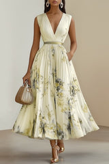 Almira – Elegant Pleated Floral Midi Dress