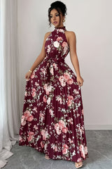 Violette | Burgundy Floral Halter Maxi Dress