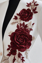 Chic White Blazer with Red Rose Embroidery