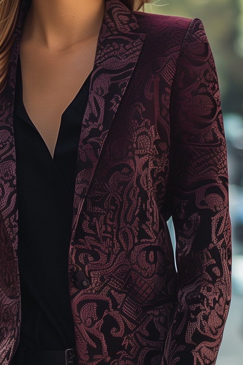 Noble Burgundy Jacquard Satin Blazer