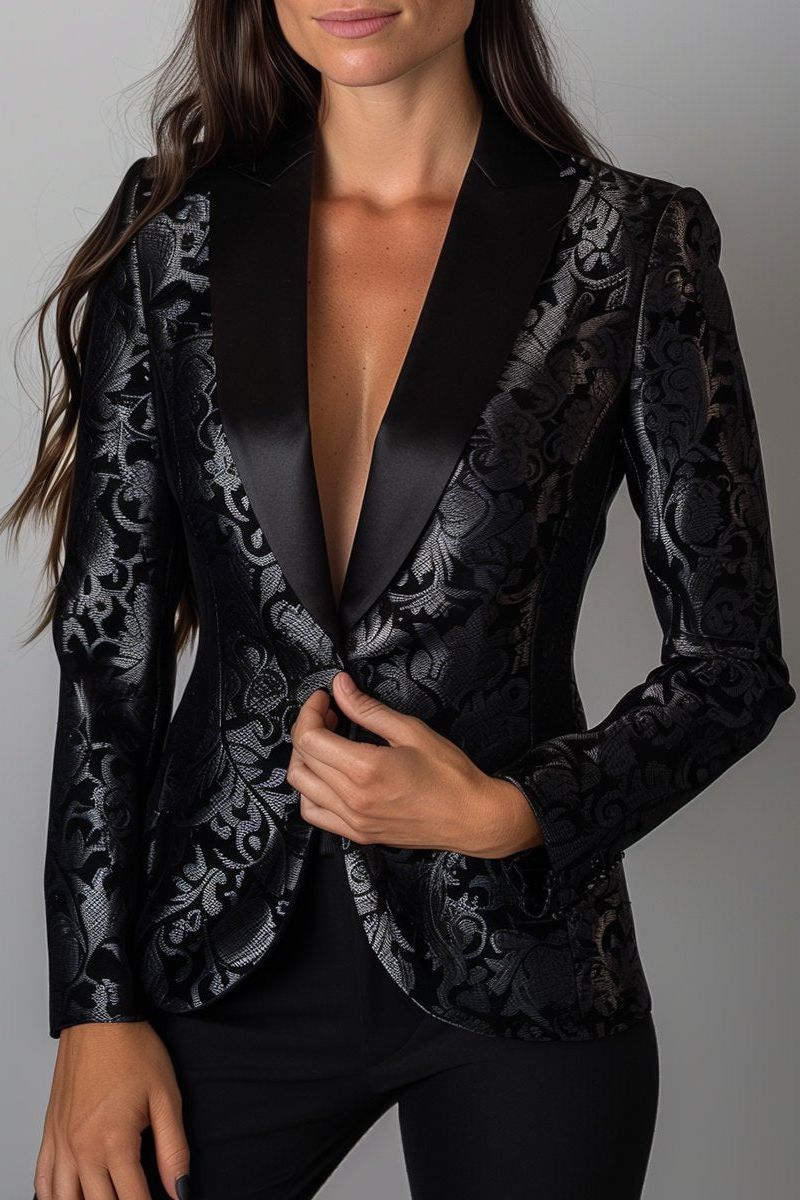 Luxury Black and Silver Floral Jacquard Blazer