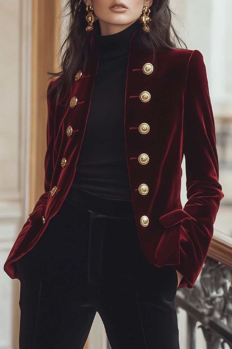 Chic Velvet Jacket with Bold Gold Accents