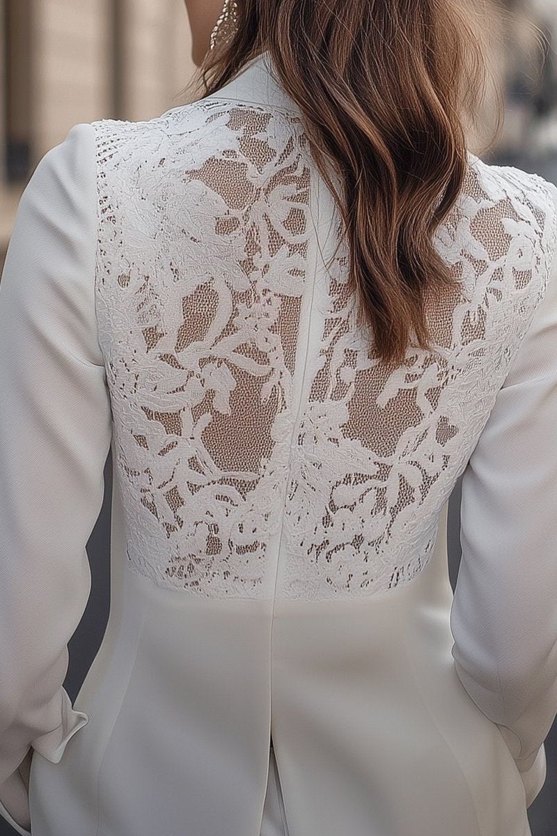 Elegant White Lace-Backed Blazer with Structured Silhouette