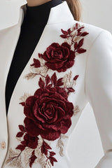 Chic White Blazer with Red Rose Embroidery