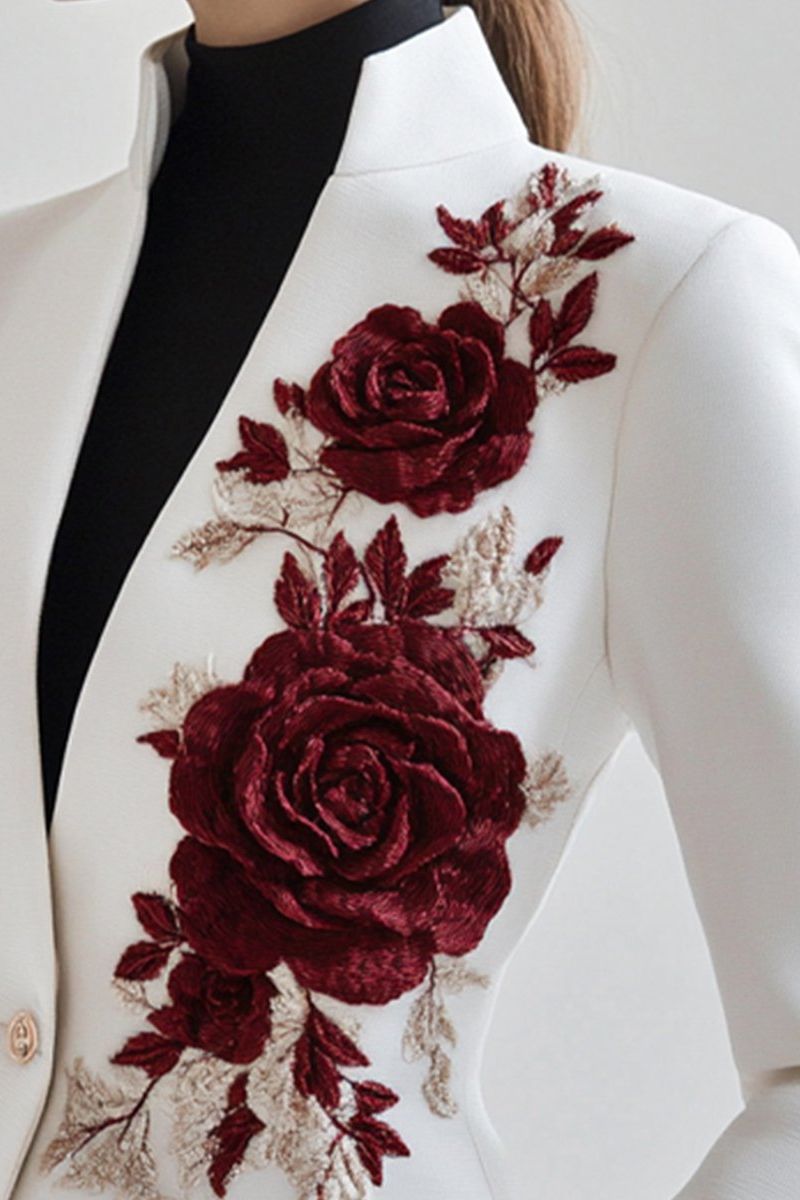 Chic White Blazer with Red Rose Embroidery