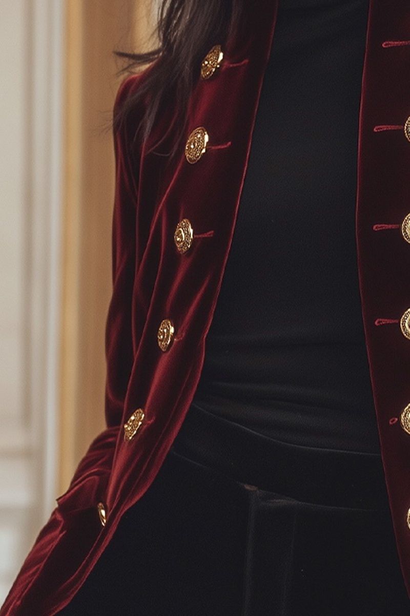 Chic Velvet Jacket with Bold Gold Accents