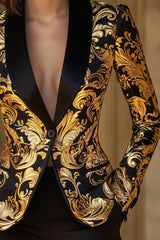Opulent Black and Gold Blazer with Baroque Floral Printed