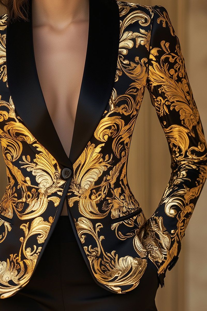 Opulent Black and Gold Blazer with Baroque Floral Printed