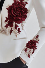 Chic White Blazer with Red Rose Embroidery