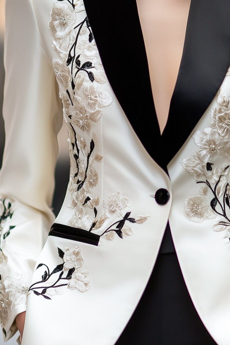 Ivory Satin Embroidered Blazer