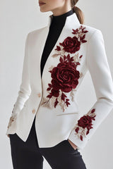 Chic White Blazer with Red Rose Embroidery