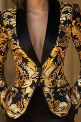 Opulent Black and Gold Blazer with Baroque Floral Printed