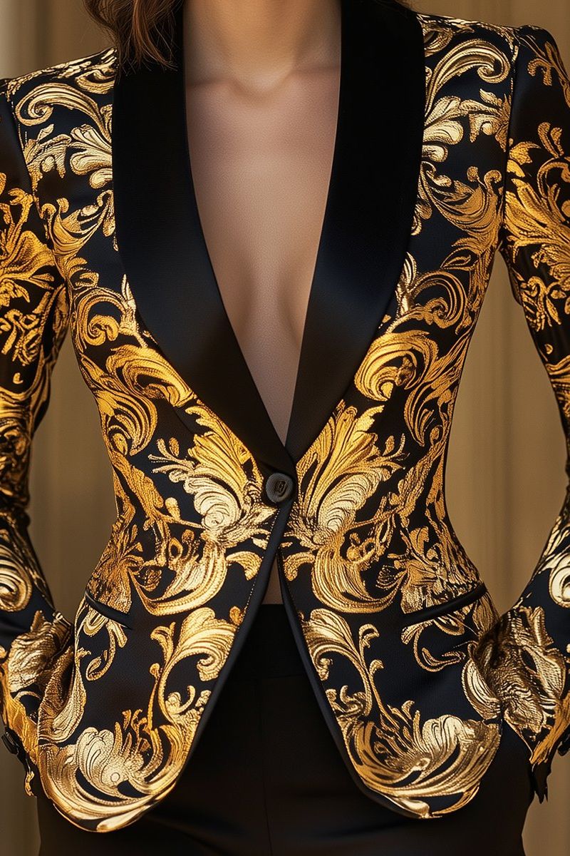 Opulent Black and Gold Blazer with Baroque Floral Printed