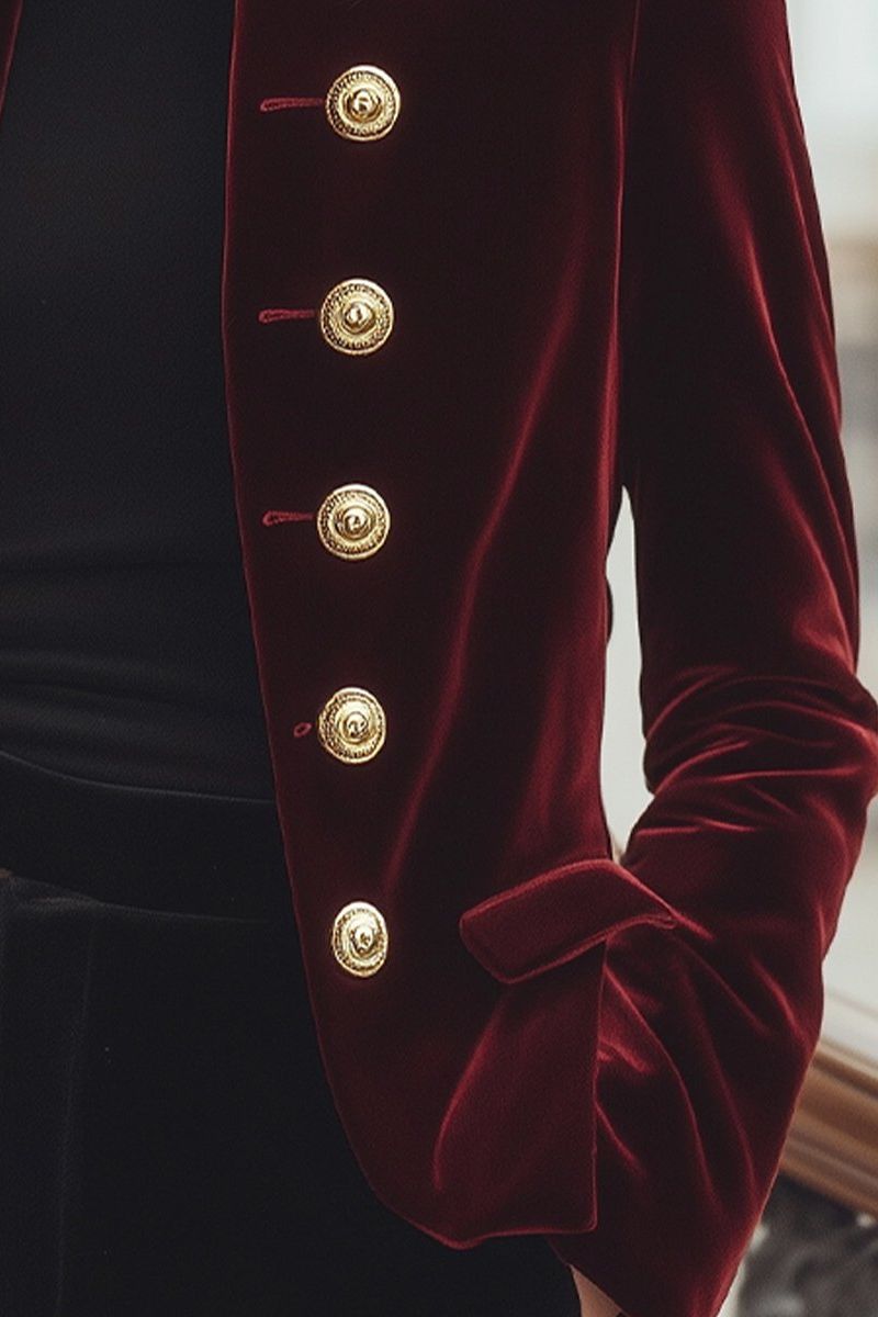 Chic Velvet Jacket with Bold Gold Accents