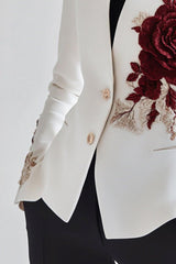 Chic White Blazer with Red Rose Embroidery