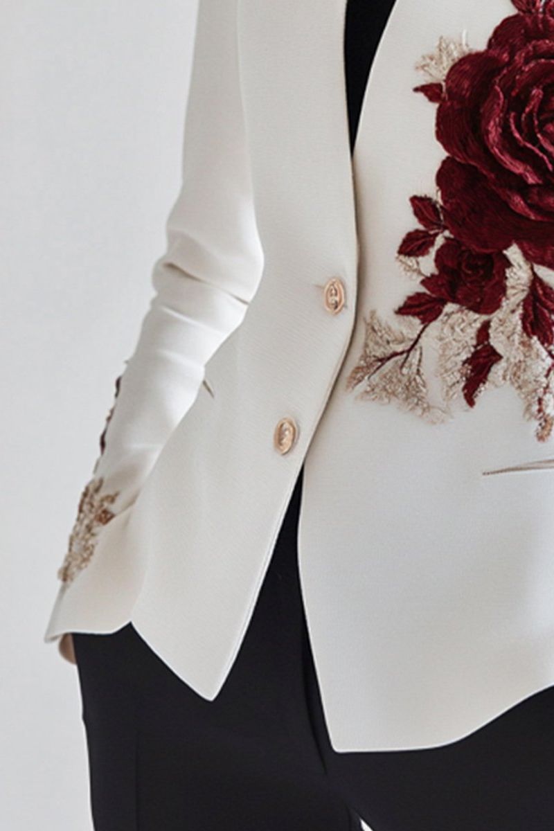 Chic White Blazer with Red Rose Embroidery