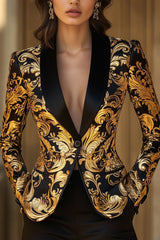 Opulent Black and Gold Blazer with Baroque Floral Printed