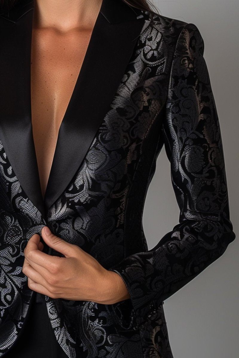 Luxury Black and Silver Floral Jacquard Blazer