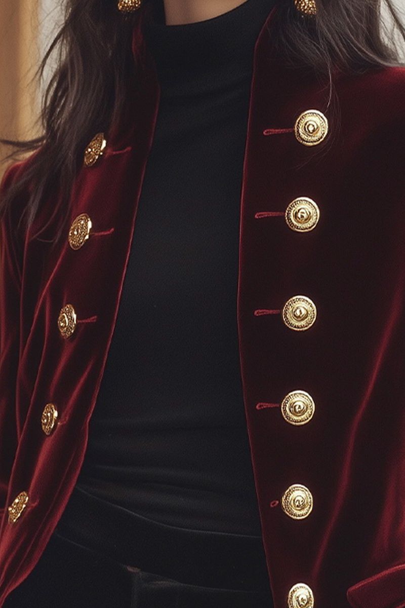 Chic Velvet Jacket with Bold Gold Accents