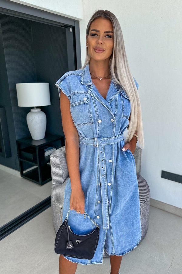 Sienna – Sleeveless Belted Denim Shirt Dress